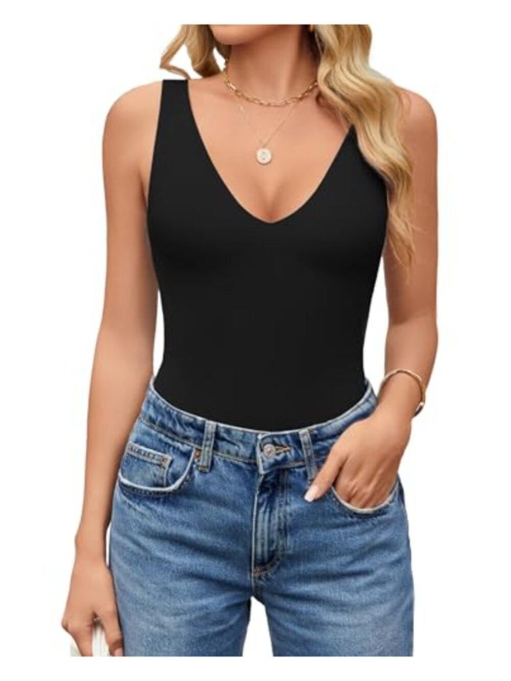 Plunge Deep V Neck Sleeveless Thong Bodysuit